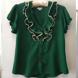 Emerald Green Lace Ruffle Anthropologie Blouse